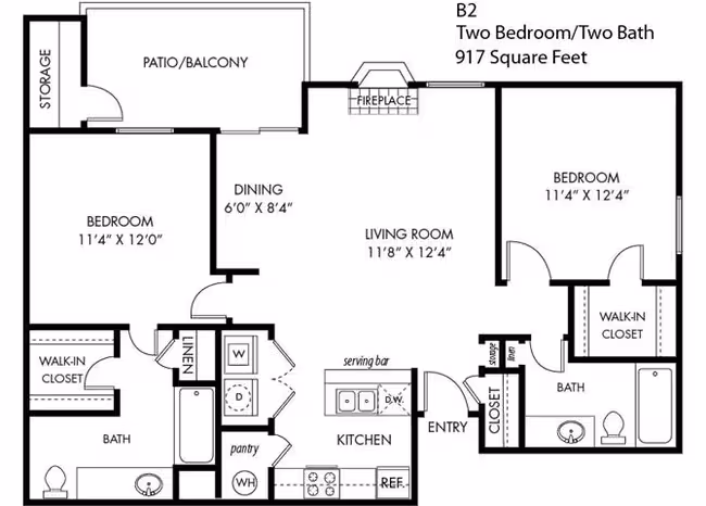 2 Bedroom 2 Bathroom B-1 424 floor plan
